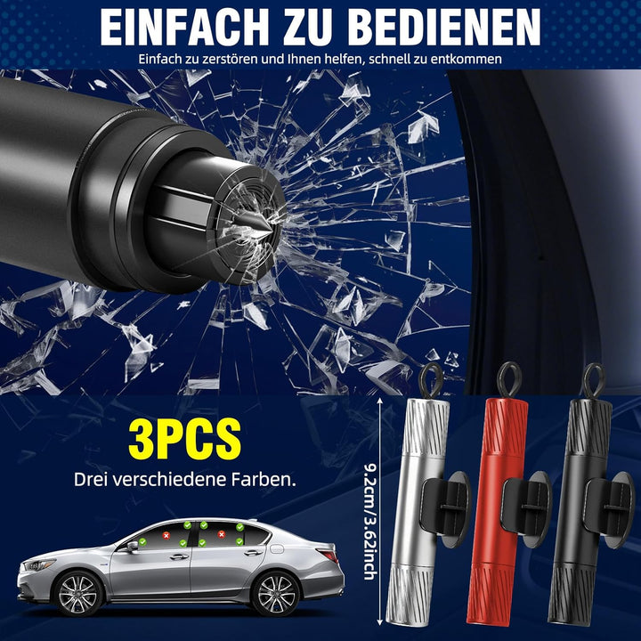3 Stück 2-in-1 Gurtschneider Notfallhammer mit 2 Testglas & Gurtschneider | Sicherheitshammer aus Wo