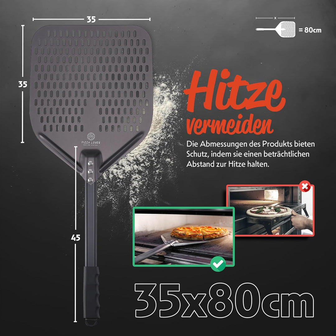 Pizza Lover® hochwertiger Pizzaschieber perforiert 35 x 35 cm Pizzaschaufel aus harteloxiertem Alumi