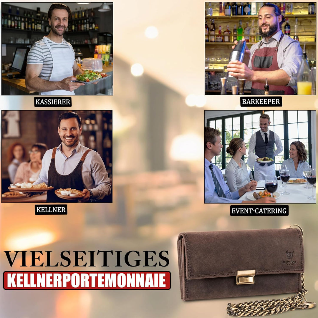 MATADOR Kellner Geldbörse Leder #VICIO inkl. robuster Metall Kette, Luxus Kellnerbörse Leder mit edl