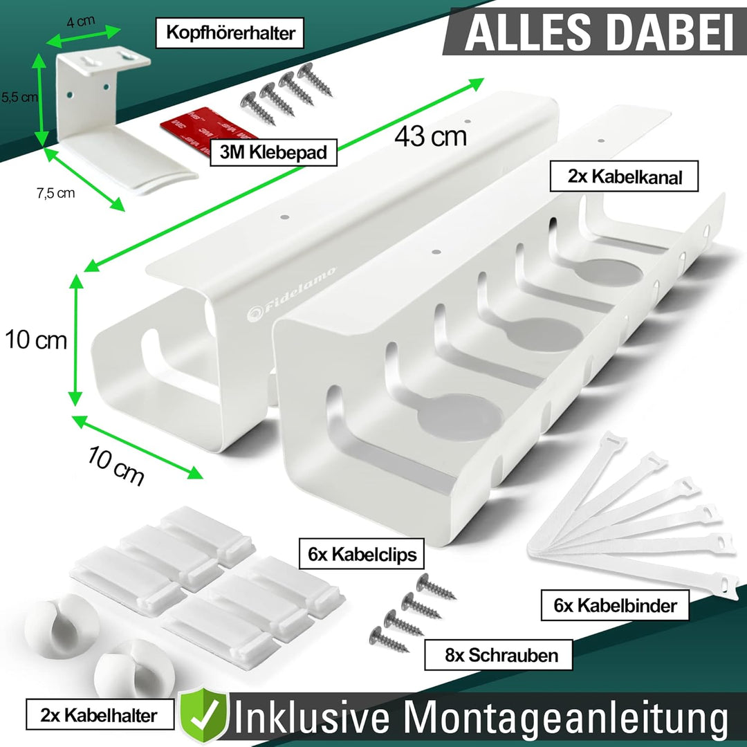 Fidelamo® Kabelkanal Schreibtisch [2 Stück] inkl. Zubehör + Kopfhörerhalter [1 Stück] - Komplettset