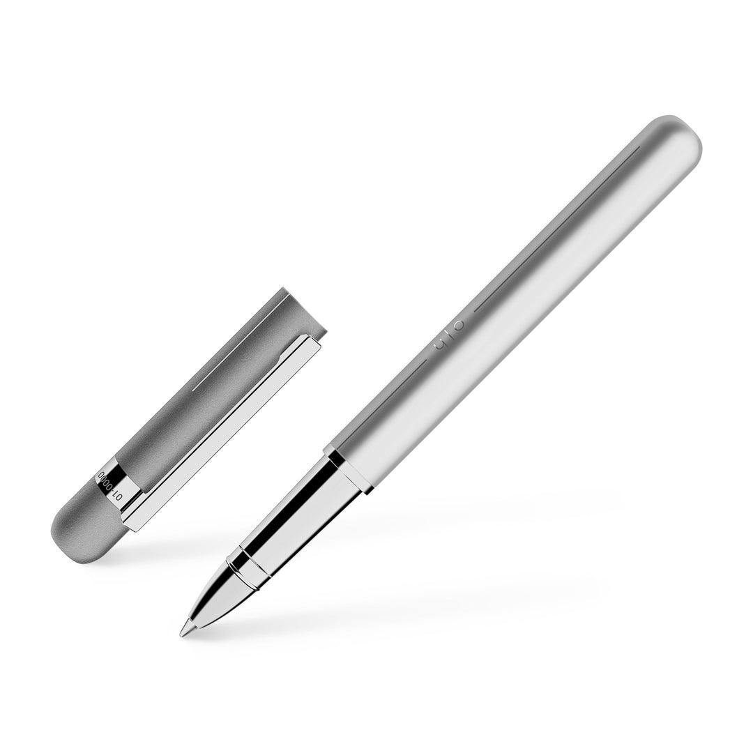 Otto Hutt Tintenroller D03 Messing/Stahl Perlmuttweiss-Platin 14cm, Minengrösse M, Schriftfarbe Blau