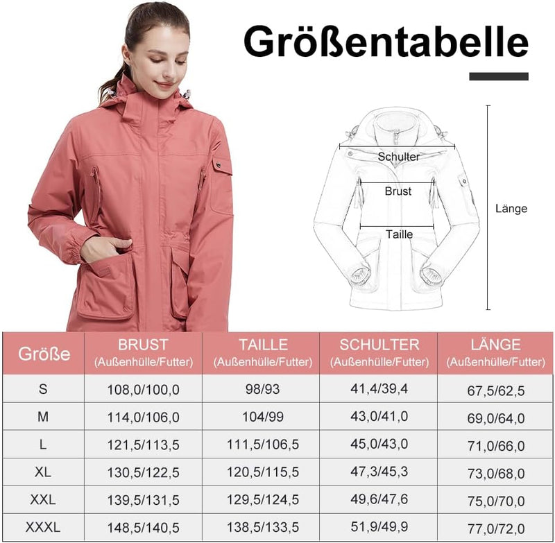 OutPro Damen 3-in-1-Skijacke wasserdicht winddicht Winterjacke Outdoor Wandern mit Fleece gefüttert