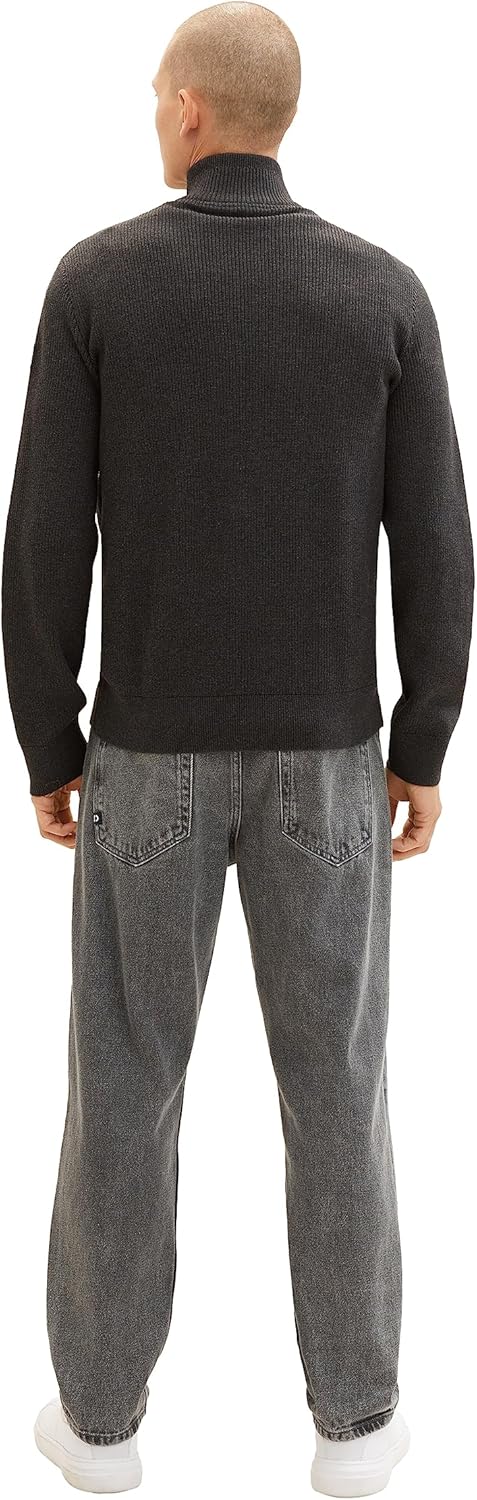 TOM TAILOR Herren Strukturierter Strick-Pullover mit Troyer-Kragen L 10617-black Grey Melange, L 106