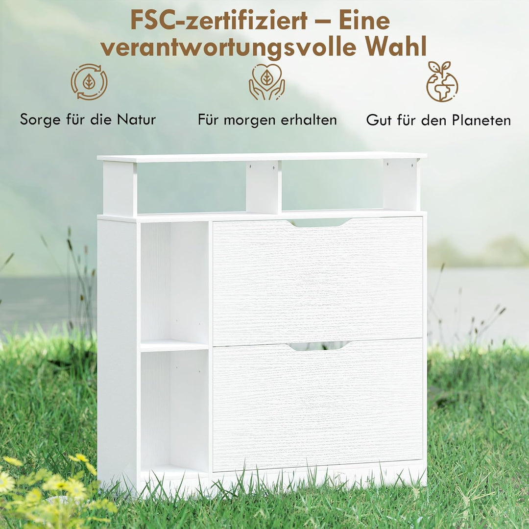 HOMCOM Schuhschrank mit 2 Klappen Schmal Schuhkipper mit Verstellbar Trennwand, offenem Fach Schuhre