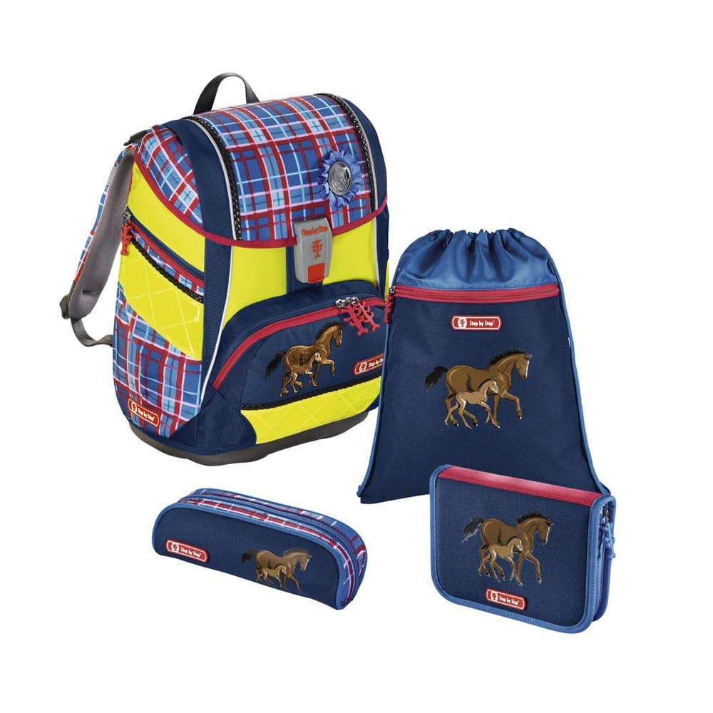 Step by Step Schulranzen-Set 2IN1 DIN „Horse Family“ 4-teilig, blau-rot, Pferde, ergonomischer Torni