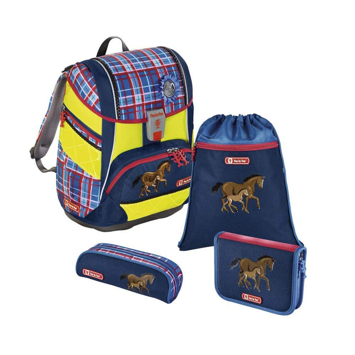 Step by Step Schulranzen-Set 2IN1 DIN „Horse Family“ 4-teilig, blau-rot, Pferde, ergonomischer Torni