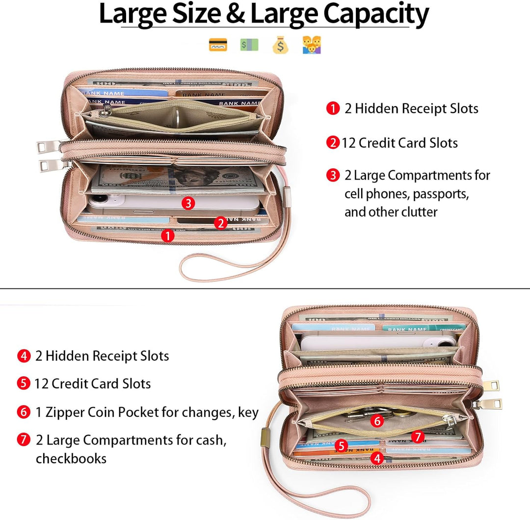 GAEKEAO Geldbörse Damen Gross, Portemonnaie Damen Veganes Leder Doppel Reissverschluss Kreditkartene