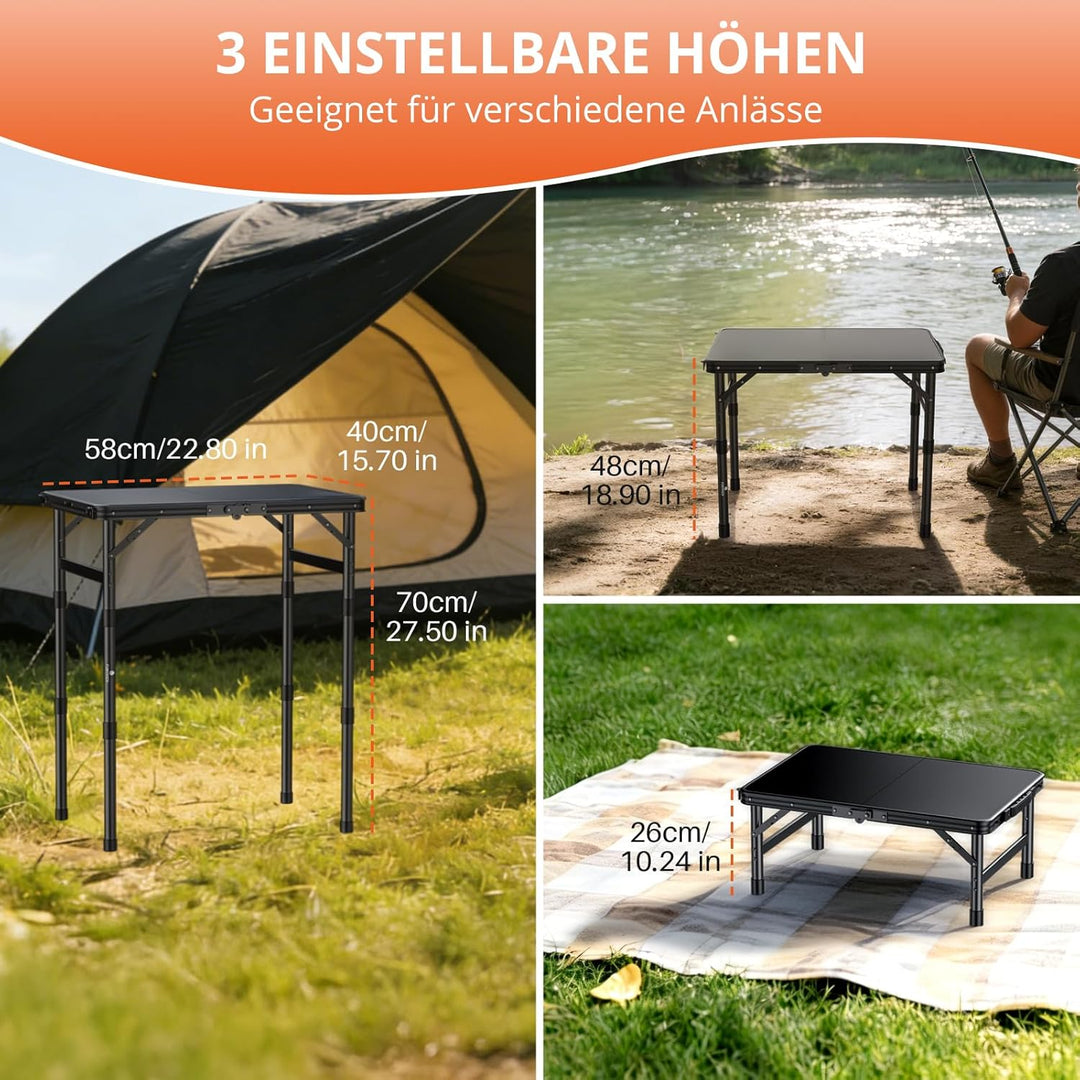 FUNYKICH Klapptisch aus Kunststoff 58x40cm, wasserdichter Campingtisch mit 3-Fach höhenverstellbar,