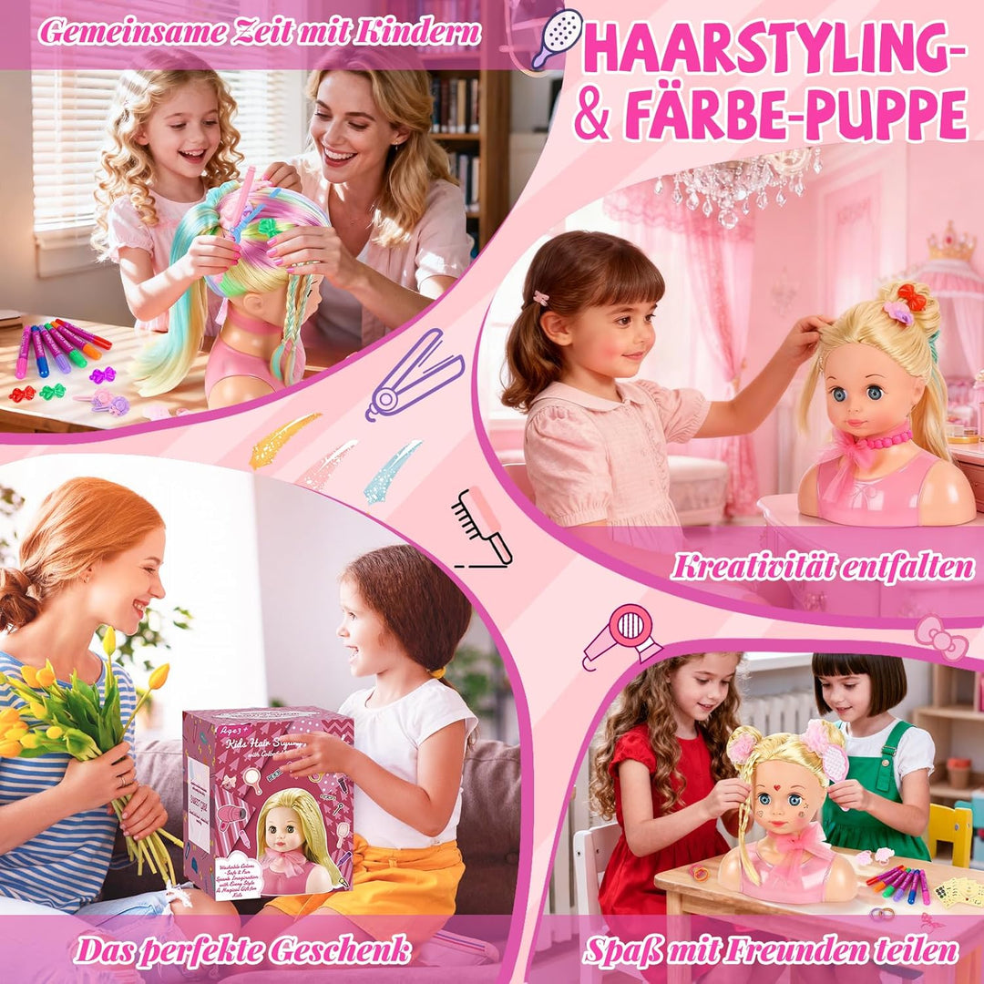 Frisierkopf Kinder Set, Frisierkopfpuppe Spielzeug Set für Kinder mit Haarzubehör, Frisierkopf für M