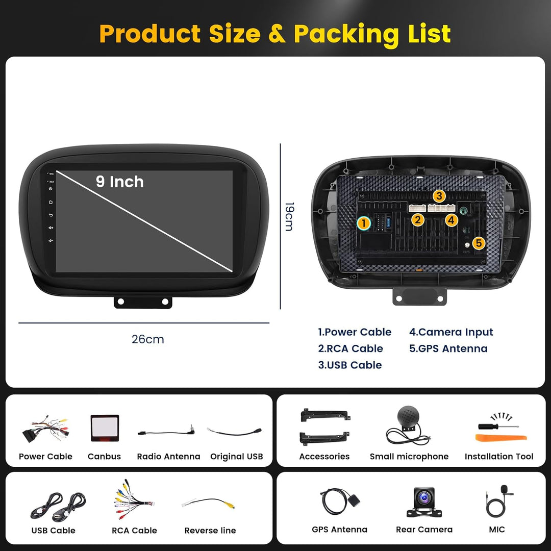 Hikity Android 15 4+128G Autoradio für FIAT 500X 2014-2020 mit 9 Zoll Incell Touchscreen, Autoradio