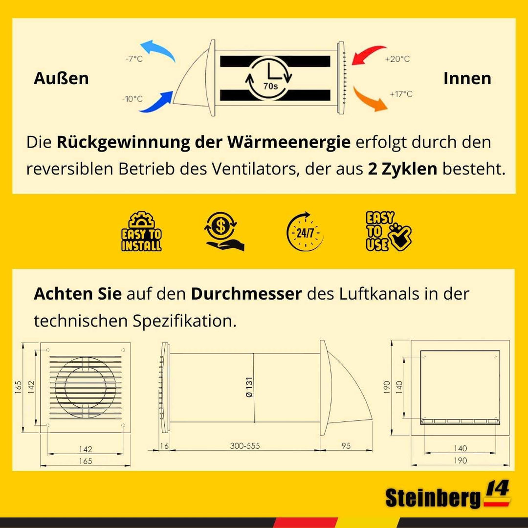 Steinberg14 Weiss 125mm Dezentrale Lüftung mit Wärmerückgewinnung - Rekuperator mit Schalter - Wandl