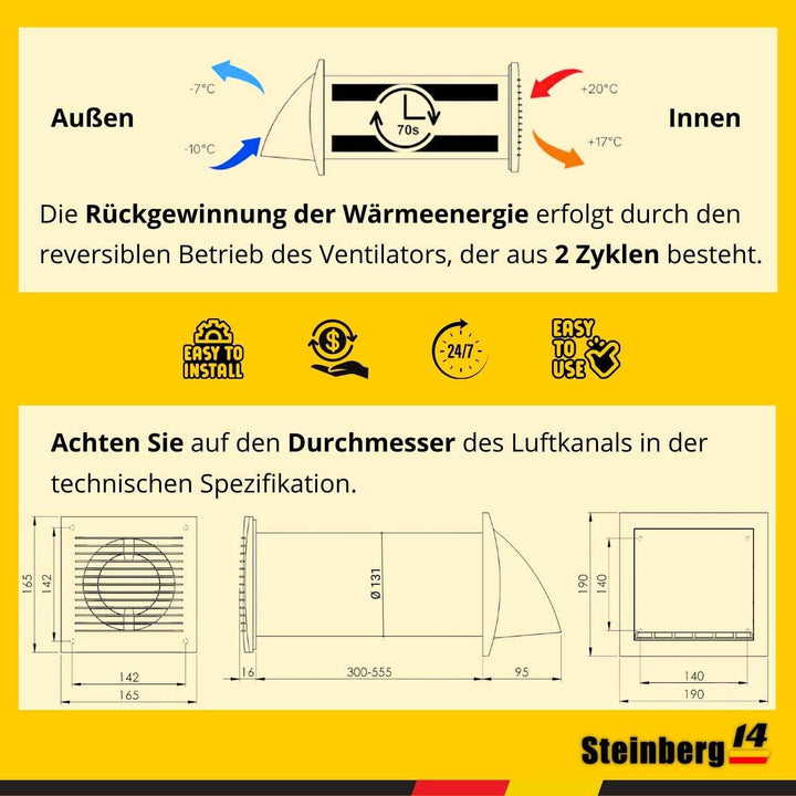 Steinberg14 Weiss 125mm Dezentrale Lüftung mit Wärmerückgewinnung - Rekuperator mit Schalter - Wandl