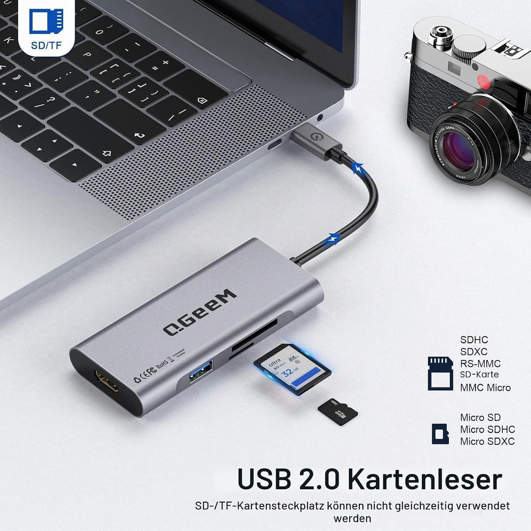 QGeeM USB C Hub, USB C auf HDMI Adapter, 4K 7 in 1 USB C Dongle mit 100W Stromversorgung, 3 USB 3.0