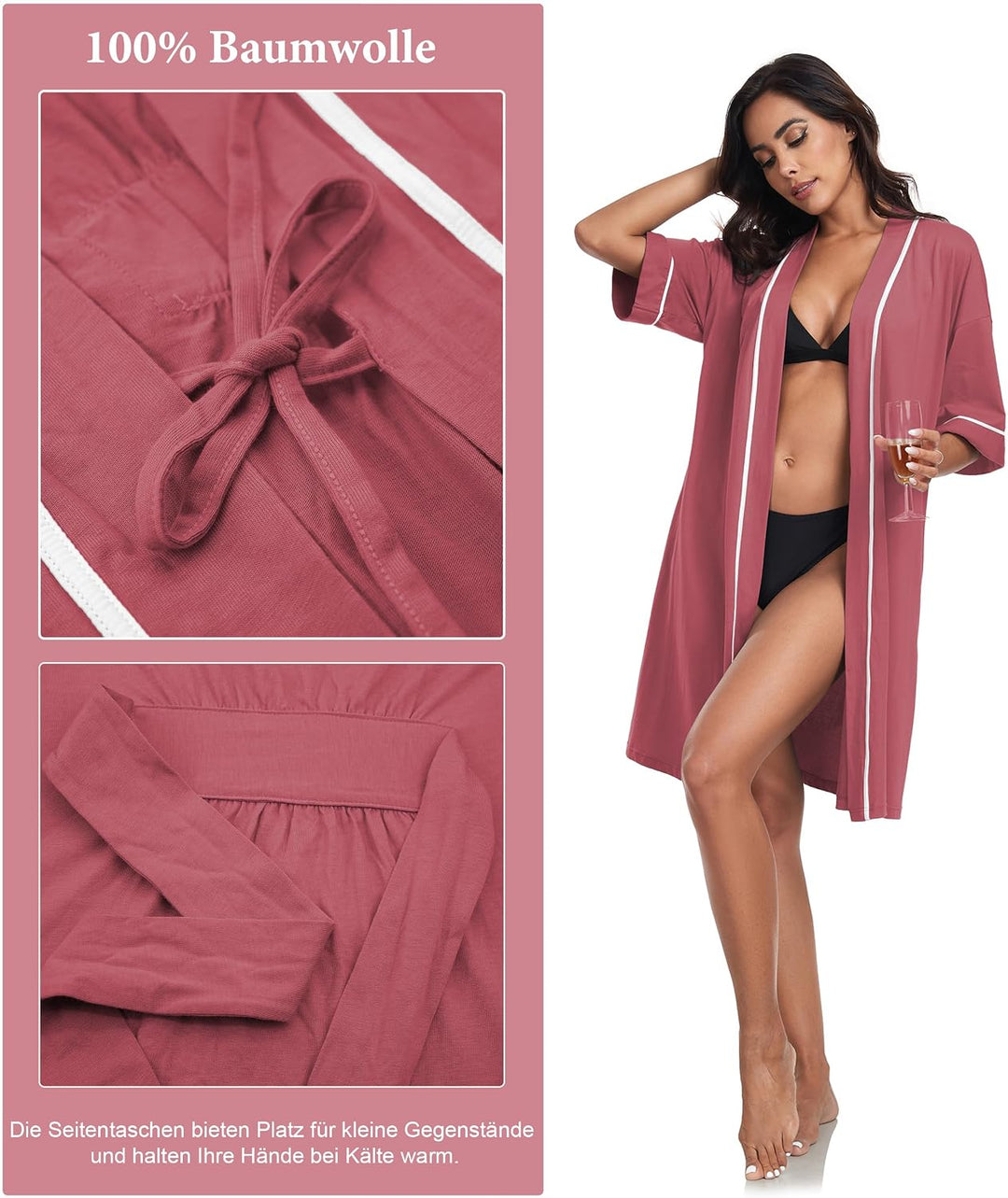 COLORFULLEAF 100% Baumwolle Bademantel Damen Kurz Morgenmantel Leicht Knielang Kimono Saunamantel Na