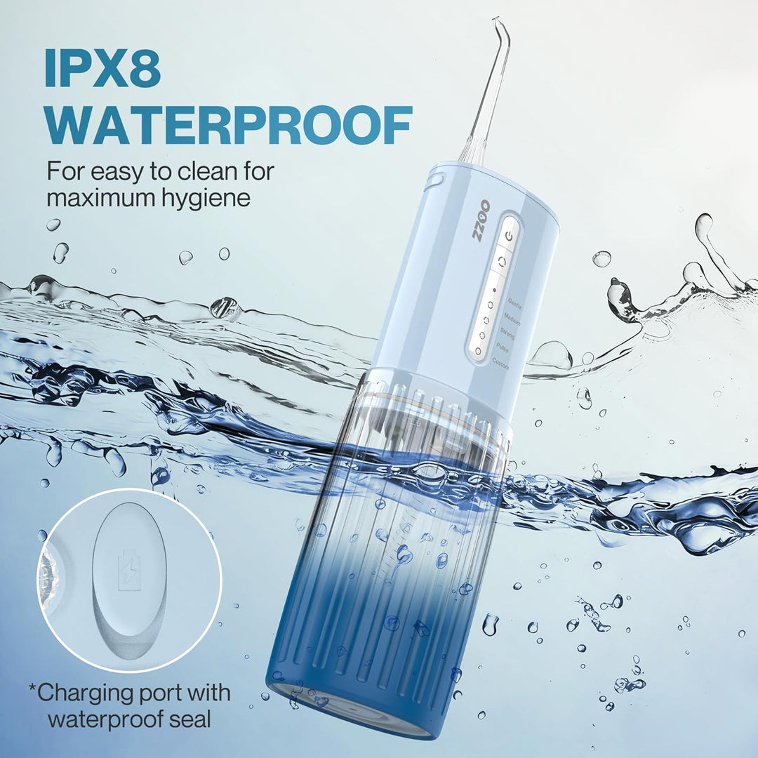 OOZZ Travel Water Flosser, Schnurlose Taschenmunddusche, 5 Druckmodi, 6 Strahlspitzen, USB-wiederauf
