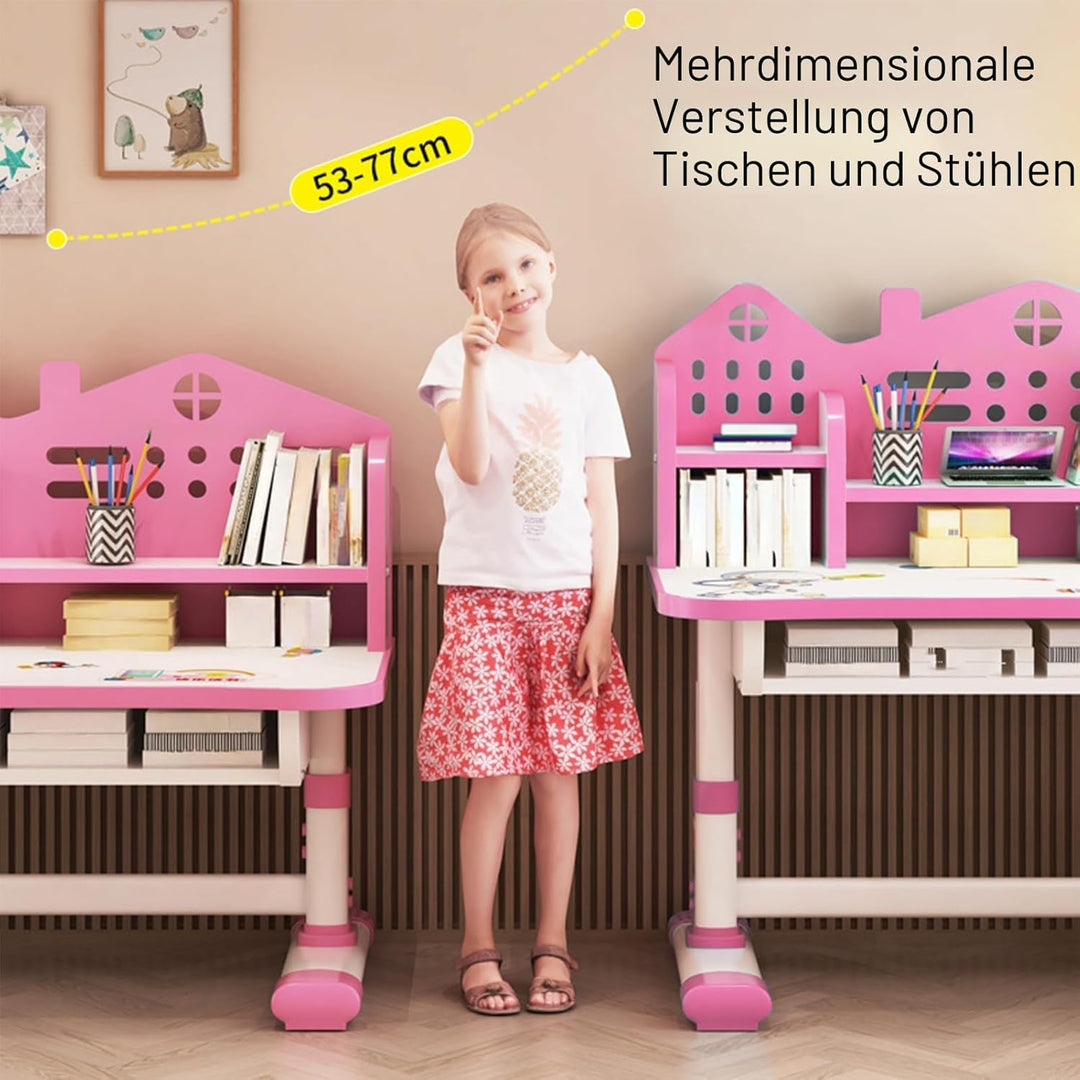 Kinderschreibtisch,Rosa Kinder-Studientisch,Schreibtisch und Stuhl-Set,rutschfest Stabiler Kindersch