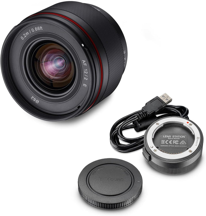 Samyang AF 12mm F2.0 E Objektiv + Lens-Station für Sony E - Autofokus APS-C Weitwinkel Festbrennweit