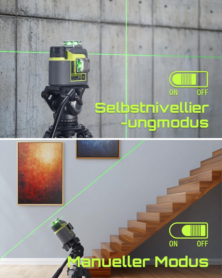LasGoo 3D-RS12 Laser-Nivelliergerät: 3x360° grüner Strahl, selbstnivellierend, ideal für Bau und Bil