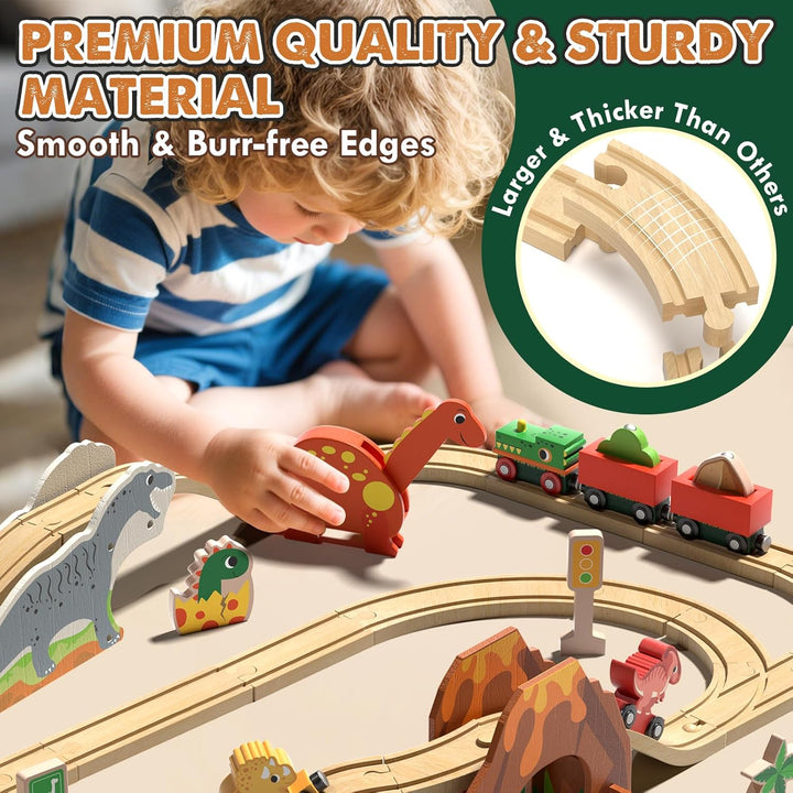 Lehoo Castle Holzeisenbahn, Holz Eisenbahn Kinder, Dinosaurier Spielzeug Holzeisenbahn Schienen, Din