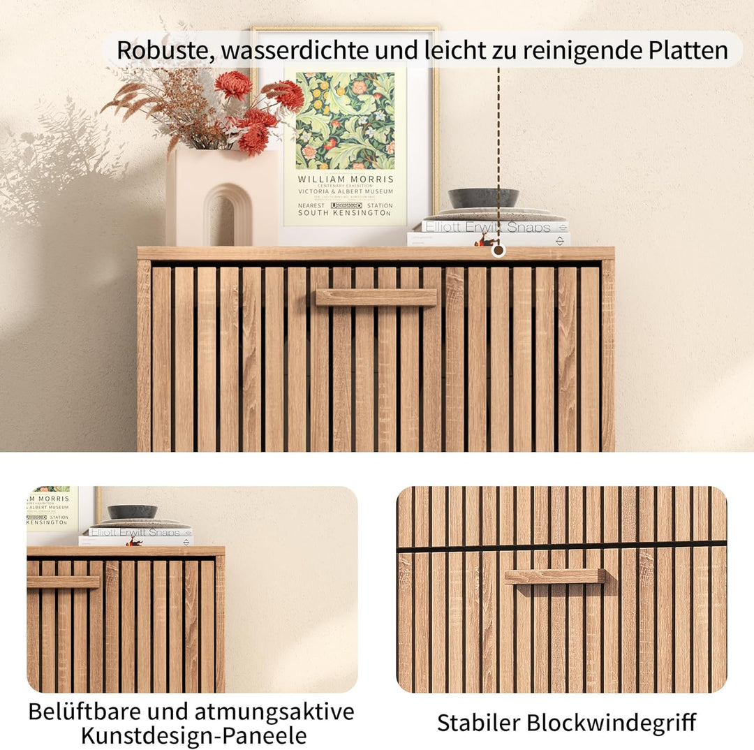 Schuhschrank mit 3 Klappen, Rattan Schuhschrank mit 6 Ablageflächen, Holz Schuhkommode, Freistehende
