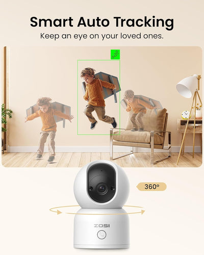 ZOSI 2K WLAN Überwachungskamera Innen, 360° Schwenkbare Kamera Indoor für Baby, 2,4/5Ghz WiFi, KI Pe