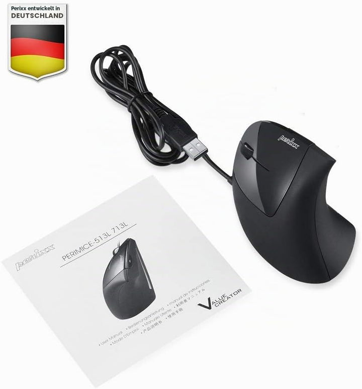 Perixx Perimice-513L Vertikale ergonomische Maus mit 2 DPI, 6 Tasten optische Ergo-Maus mit 2 Level