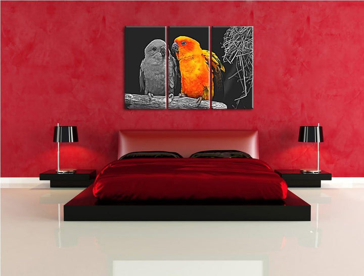 Dark zwei hübsche Sonnensittiche schwarz/weiss Spezial 3-Teiler Leinwandbild 120x80 Bild auf Leinwan