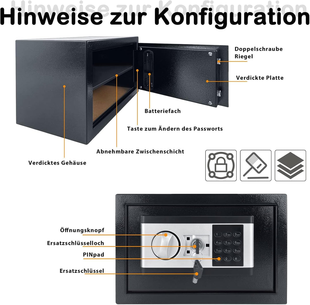 Aufun Elektronischer Safe Tresor 12L mit Batteriebox 2 Sicherheitsschlüssel | Möbeltresor Boden Wand