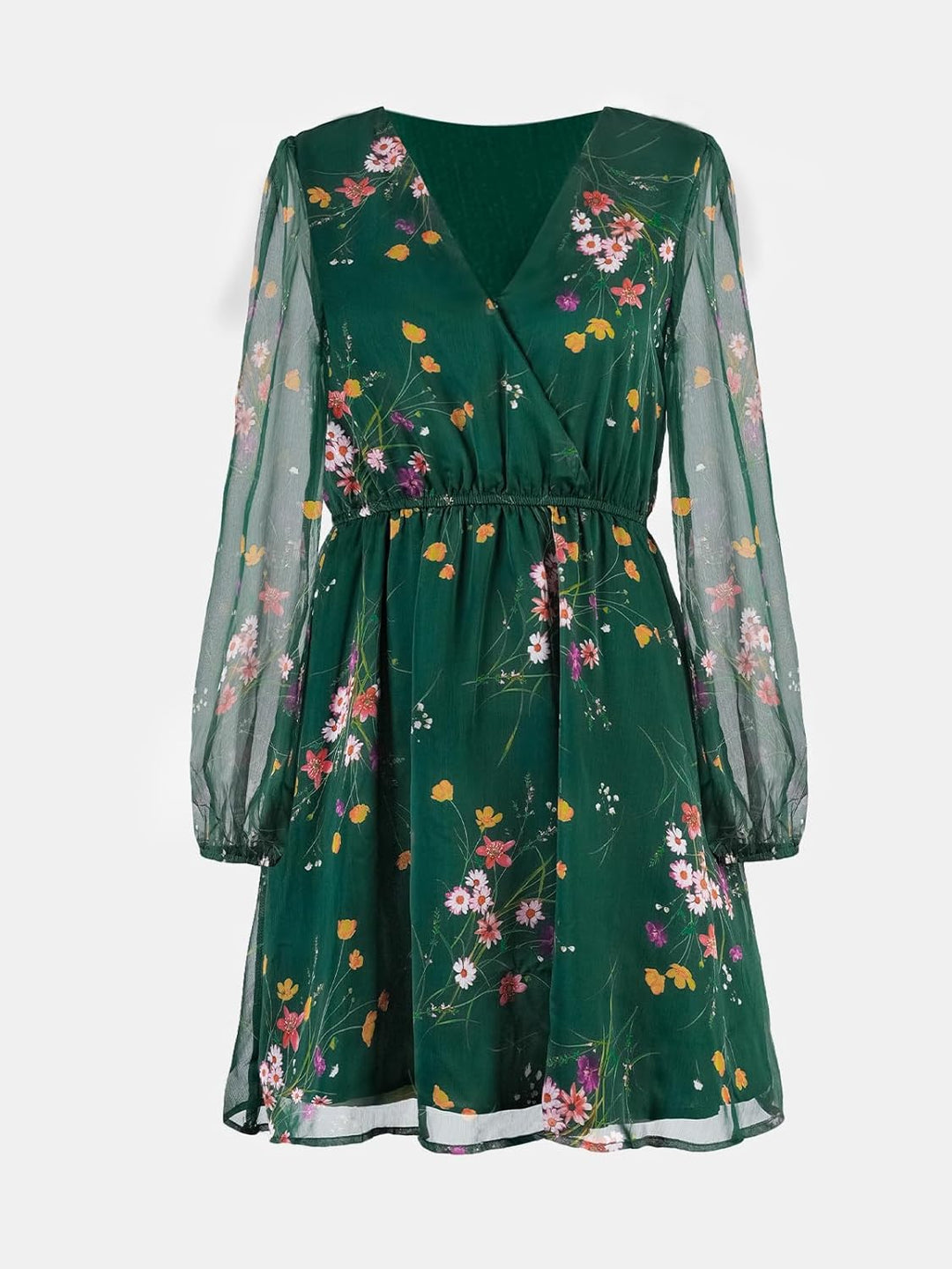 CUPSHE Damen Kleid V Ausschnitt Wickeloptik Transparente Lange Ärmel Blumenmuster Freizeitkleider Wr