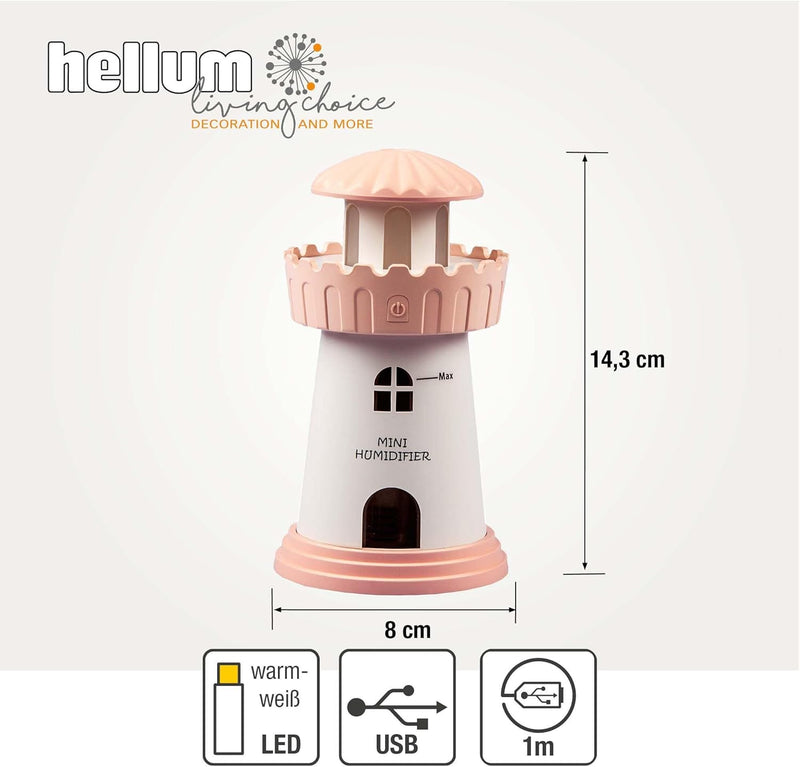 Hellum Luftbefeuchter dekorativ, tragbarer Mini Luftbefeuchter Leuchtturm in rosa, Leuchtturm Diffus