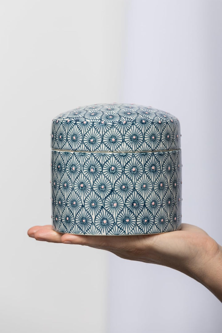 DOSE MIX'N'MATCH Aufbewahrungsdose aus handgestempeltem Steinzeug Keksdose, 12 x 11,5 cm Blau/Rosa Ø