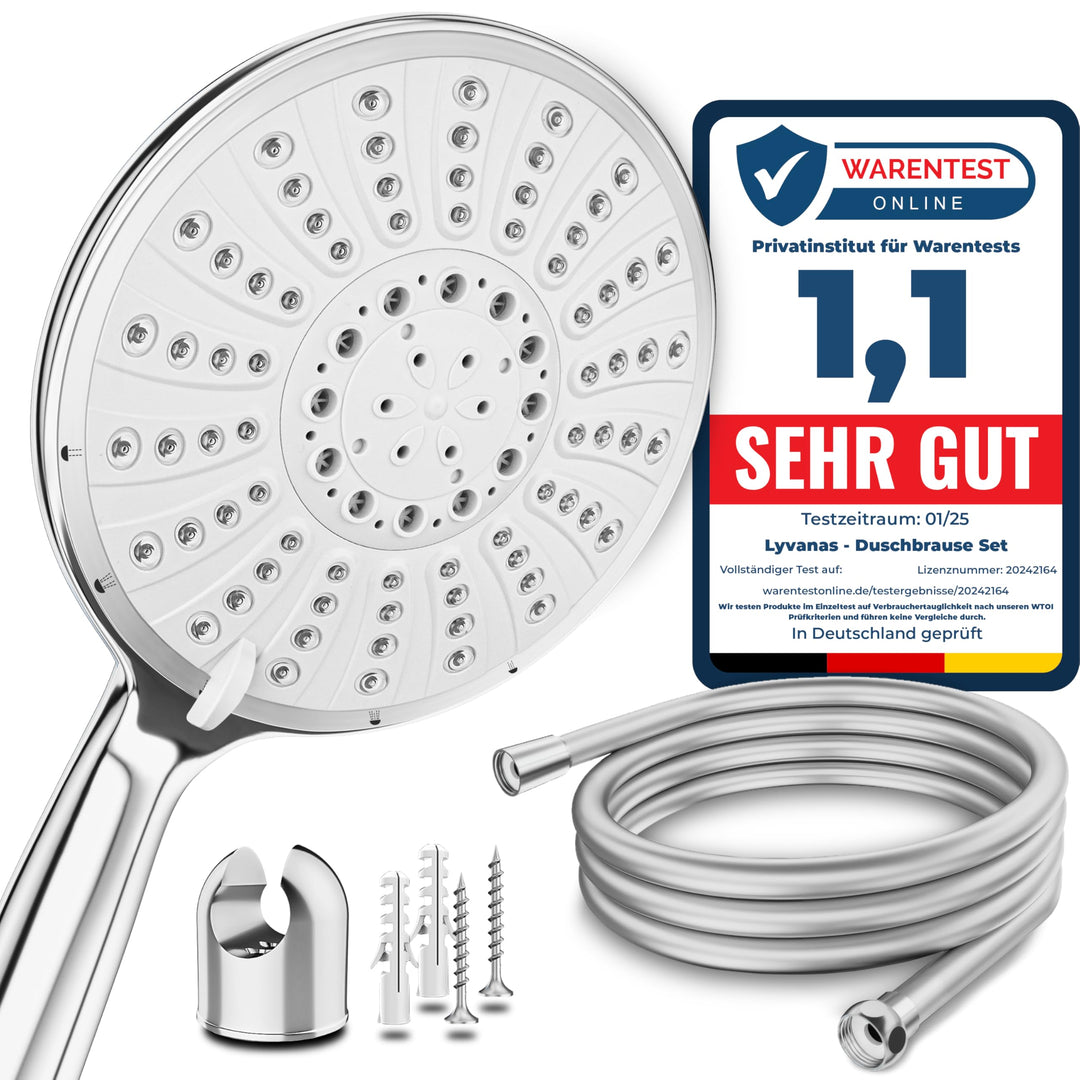Lyvanas - TESTSIEGER 2021 - Duschkopf mit Schlauch und Halterung - Brausekopf für Dusche & Badewanne