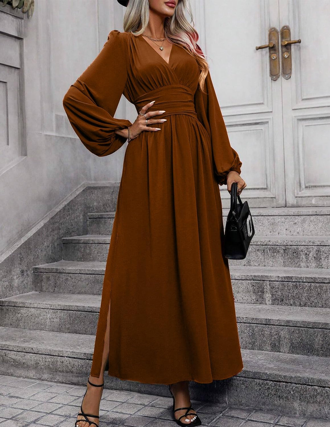 Damen Kleid 2.0 Elegant Langarm V-Ausschnit Tunika Maxikleider Casual Hohe Taille Saumschlitz Cockta
