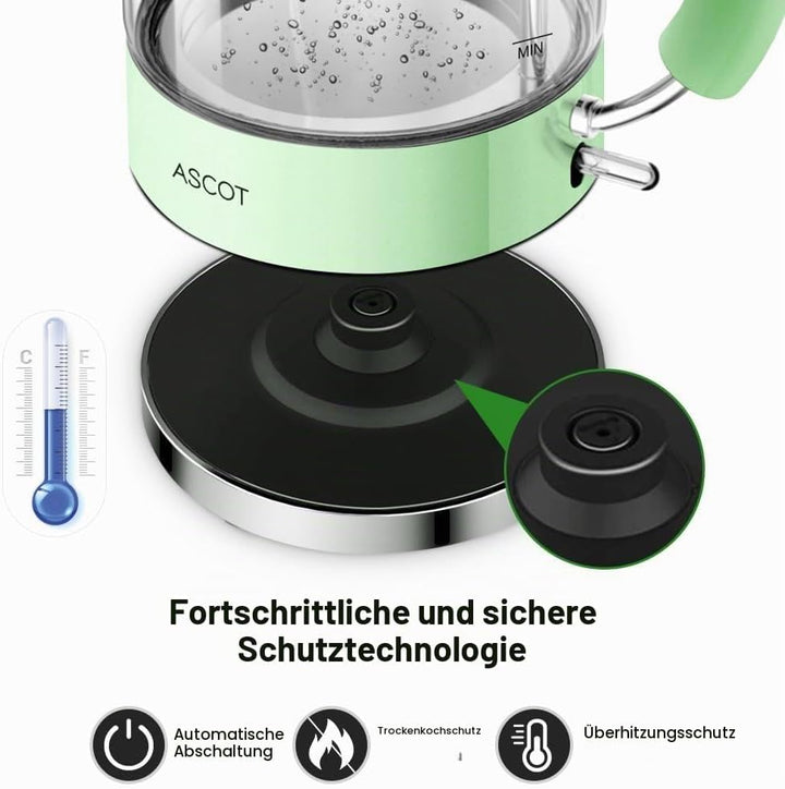 Wasserkocher Glas, ASCOT Elektrischer Wasserkocher Edelstahl, 2200W, 1,5L, leiser Schnellkochkessel,