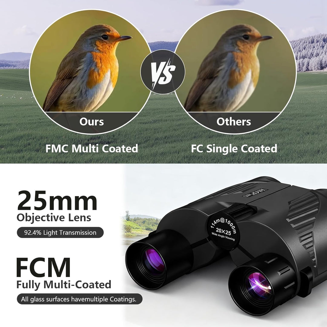 Fernglas 20x25 für Erwachsene &amp; Kinder 8-12 | Mini Kompakt Fernglas Klein | BAK4 FMC Optik, Wasserdi
