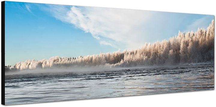 Paul Sinus Art Panoramabild auf Leinwand und Keilrahmen 150x50cm Finnland Wald Fluss Winter Schnee E