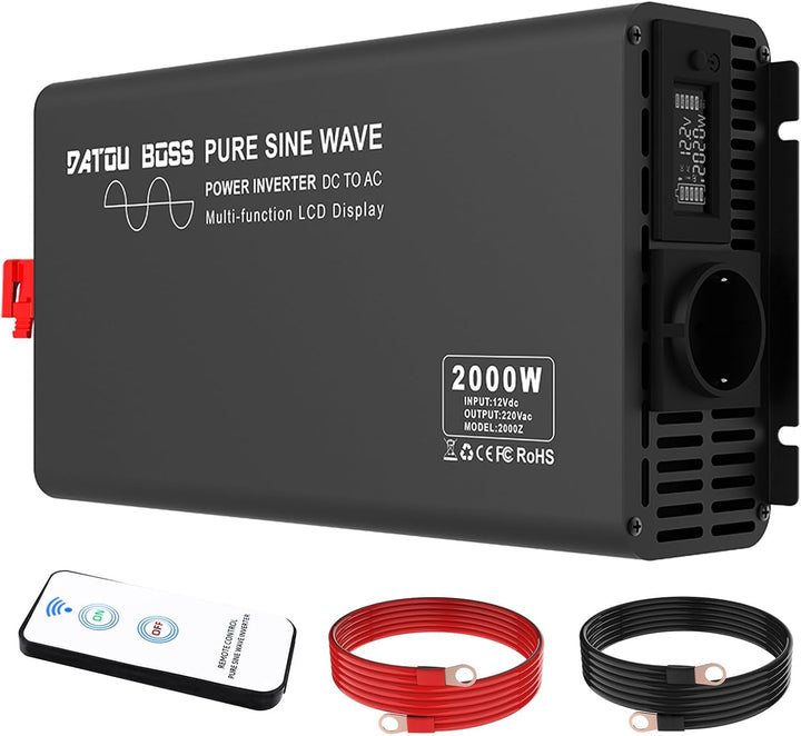 DATOUBOSS 2000W Wechselrichter Reiner Sinus 12V auf 230V Spitzenleistung 4000W mit 1 EU-Steckern, LC