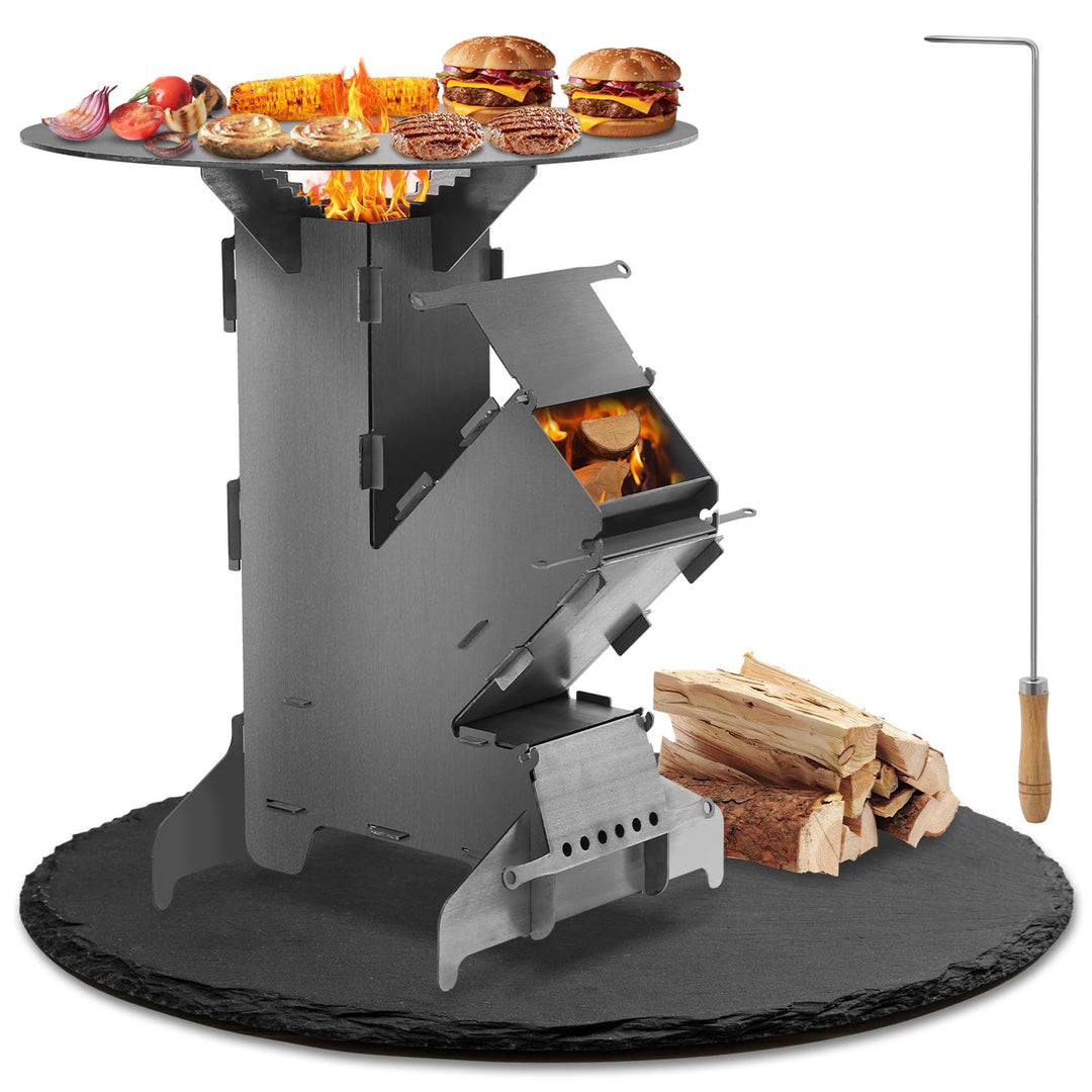 Eulenke Raketenofen mit Grillplatte und Feuerhaken, Rocket Stove Stecksystem aus 3 mm dickem Stahl,