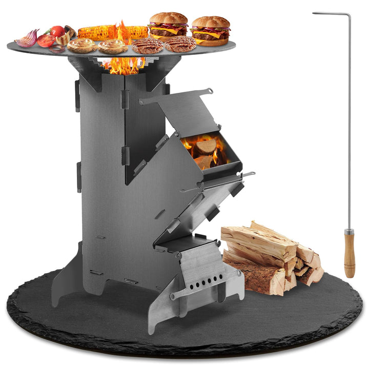 Eulenke Raketenofen mit Grillplatte und Feuerhaken, Rocket Stove Stecksystem aus 3 mm dickem Stahl,
