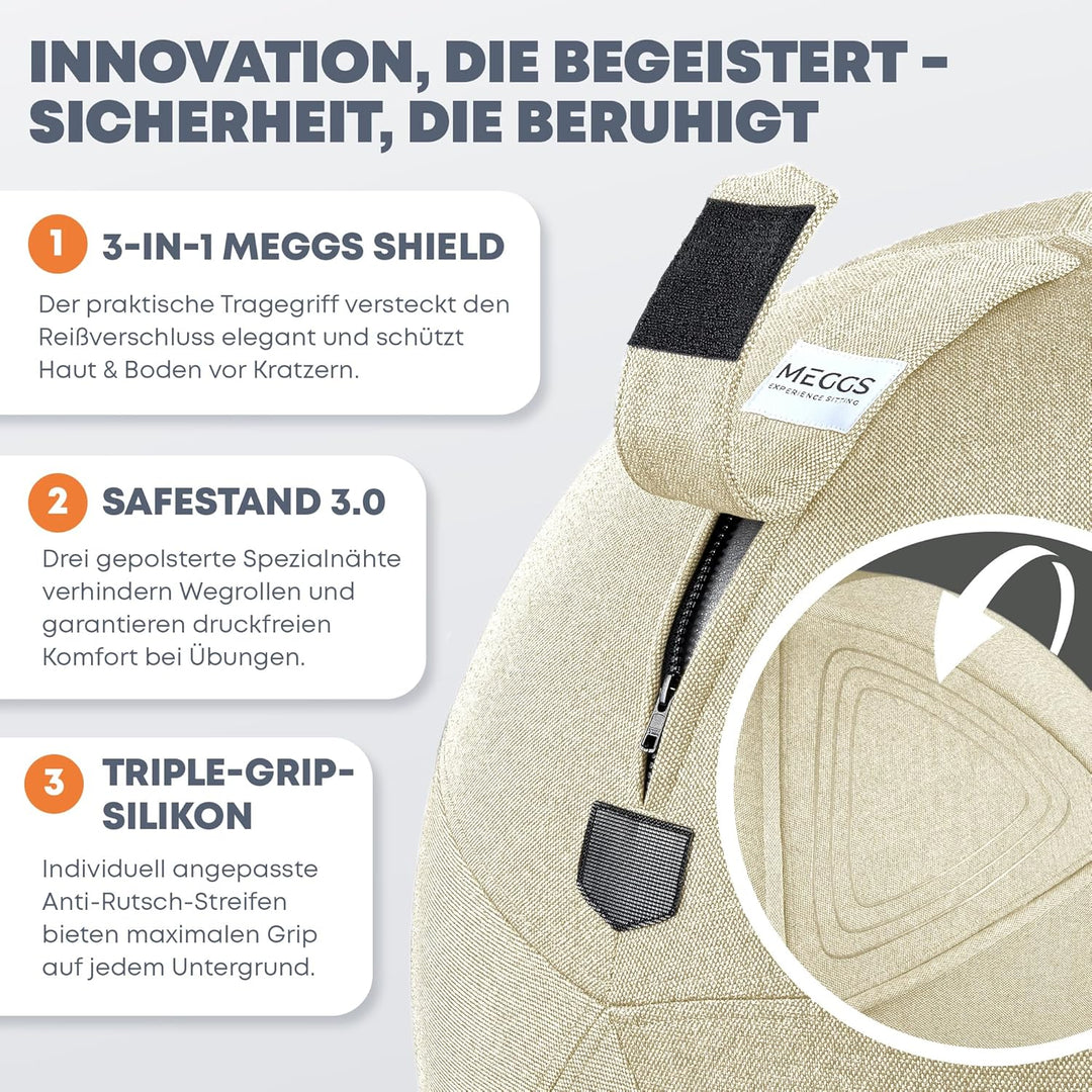 MEGGS® Stoff-Sitzball 65cm, Ergonomisch Sitzen im Büro & Zuhause, [Wegrollschutz & Platz-Sicher], Pe