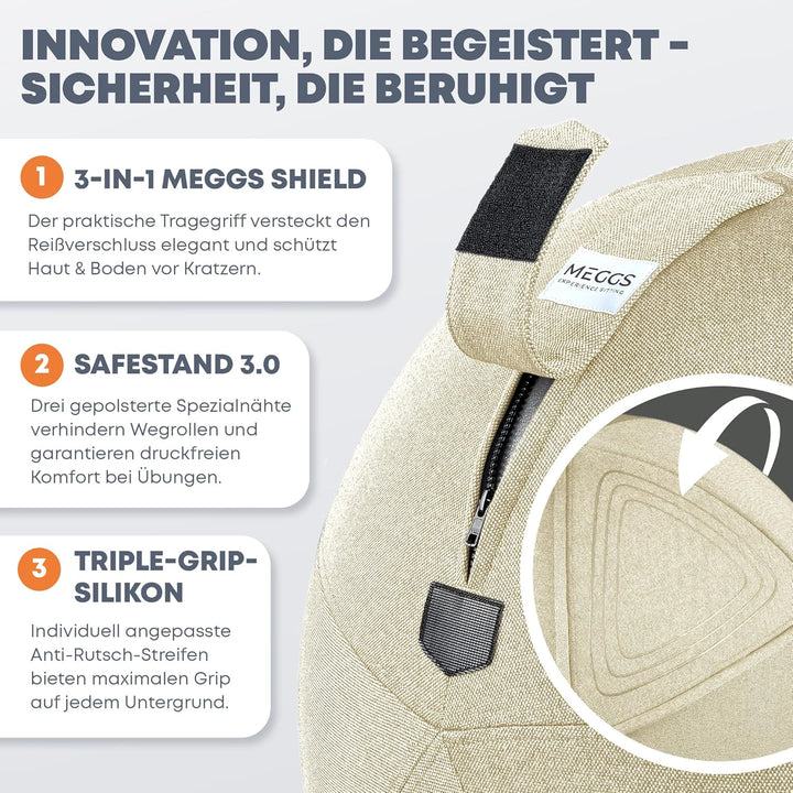 MEGGS® Stoff-Sitzball 65cm, Ergonomisch Sitzen im Büro & Zuhause, [Wegrollschutz & Platz-Sicher], Pe