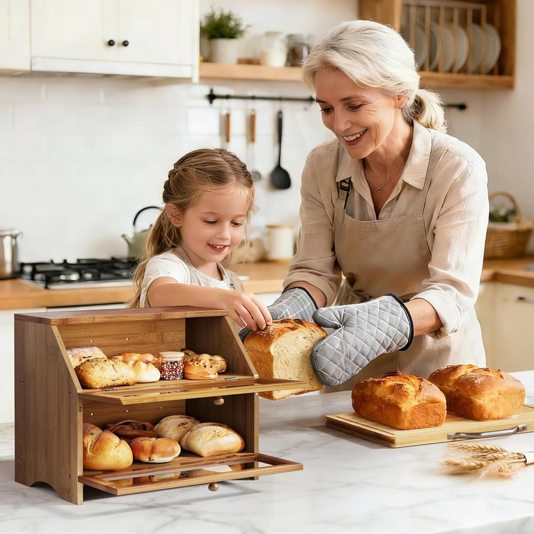 Pamapic Brotkasten Bambus, Brotkorb mit Schneidebrett, 2 Etagen Brotbox mit Brotzange, Brotaufbewahr