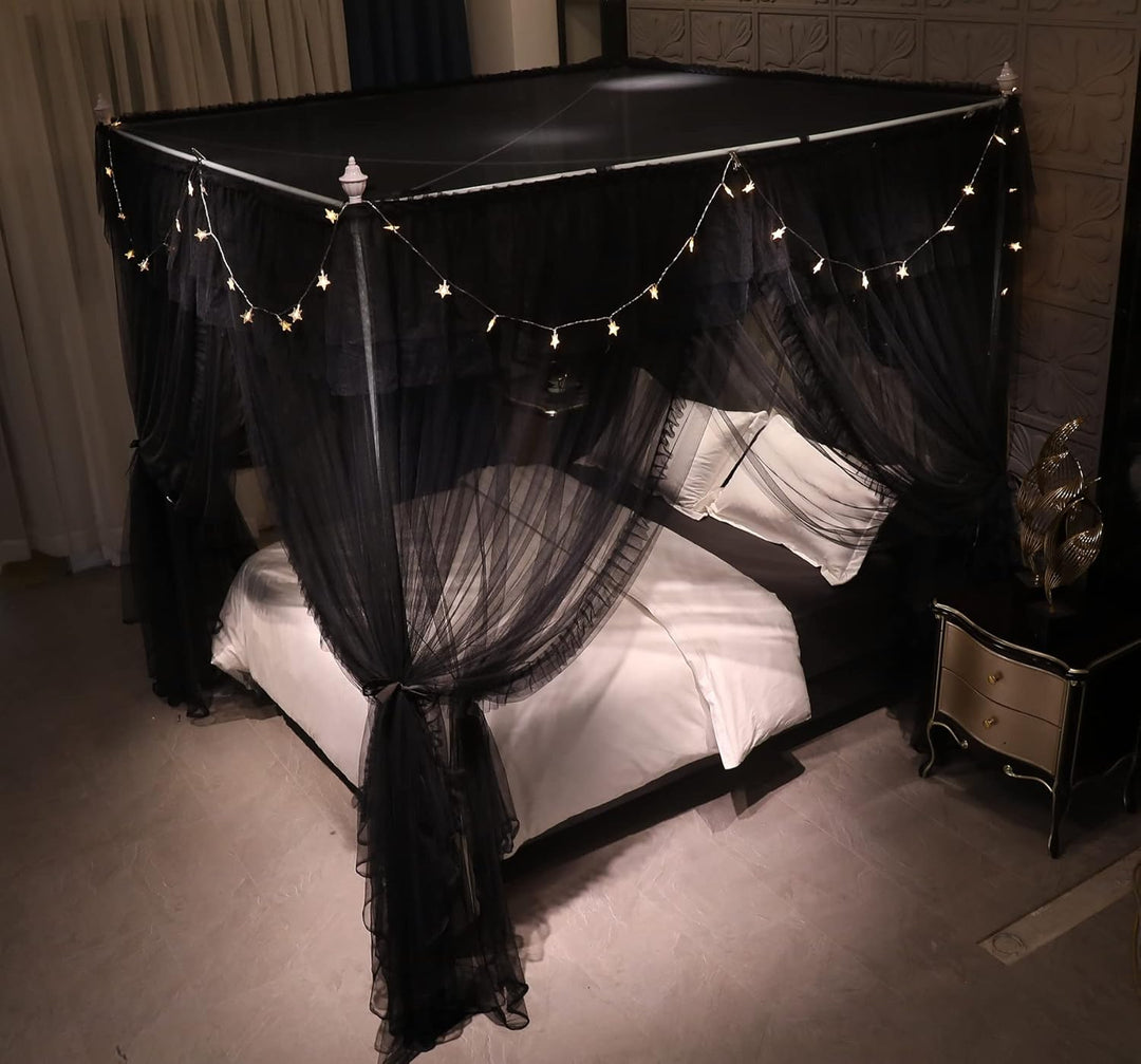 VETHIN 4 Ecken Pfosten Rüschen Prinzessin Bett Baldachin Vorhang, doppellagig, gemütlich, schwarz, 1
