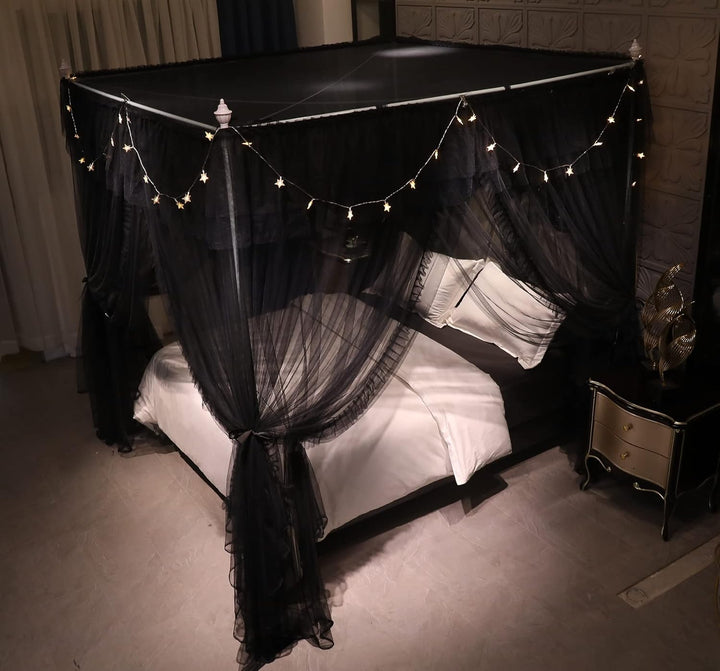 VETHIN 4 Ecken Pfosten Rüschen Prinzessin Bett Baldachin Vorhang, doppellagig, gemütlich, schwarz, 1