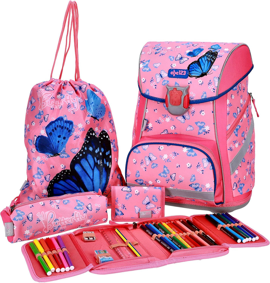 SCOOLSTAR Schulranzen Schmetterling für Mädchen| Tornister Schulrucksack Schultasche für Grundschule