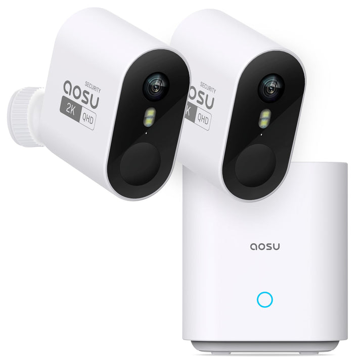 AOSU 2K Überwachungskamera Aussen Akku 240 Tage 2-Kit + Aosubase 32GB Lokaler Speicher ohne Abo Kabe