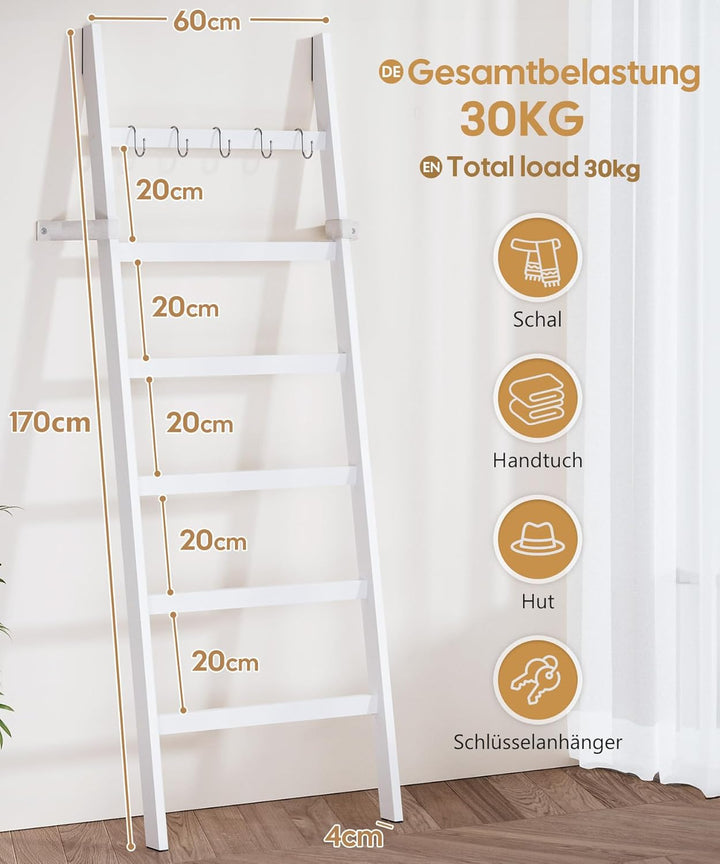 Yorbay Handtuchleiter Bambus 6 Sprossen: Kleiderleiter mit 2 Sturzsicherheitsriemen und 5 Haken - De