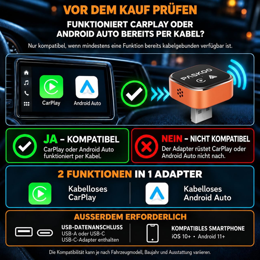 PASKOO 2-in-1 Wireless CarPlay &amp; Android Auto Adapter, USB-A + USB-C 2-in-1 Adapter, 2-in-1 Adapter