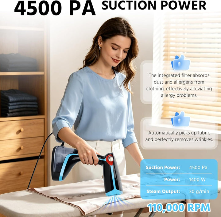 Dampfglätter 1400W, Tragbarer Dampfbügler, 350ml abnehmbarer Wassertank, 4500 Pa Saugleistung, Reise