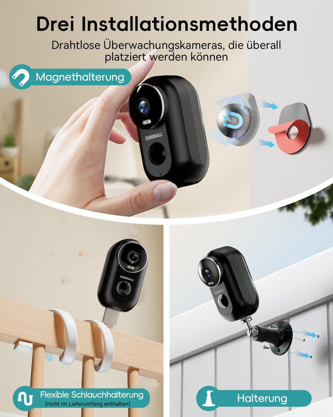 Überwachungskamera Aussen Akku, ZUMIMALL Kamera Überwachung WLAN, Kabellose Überwachungskamera Ausse